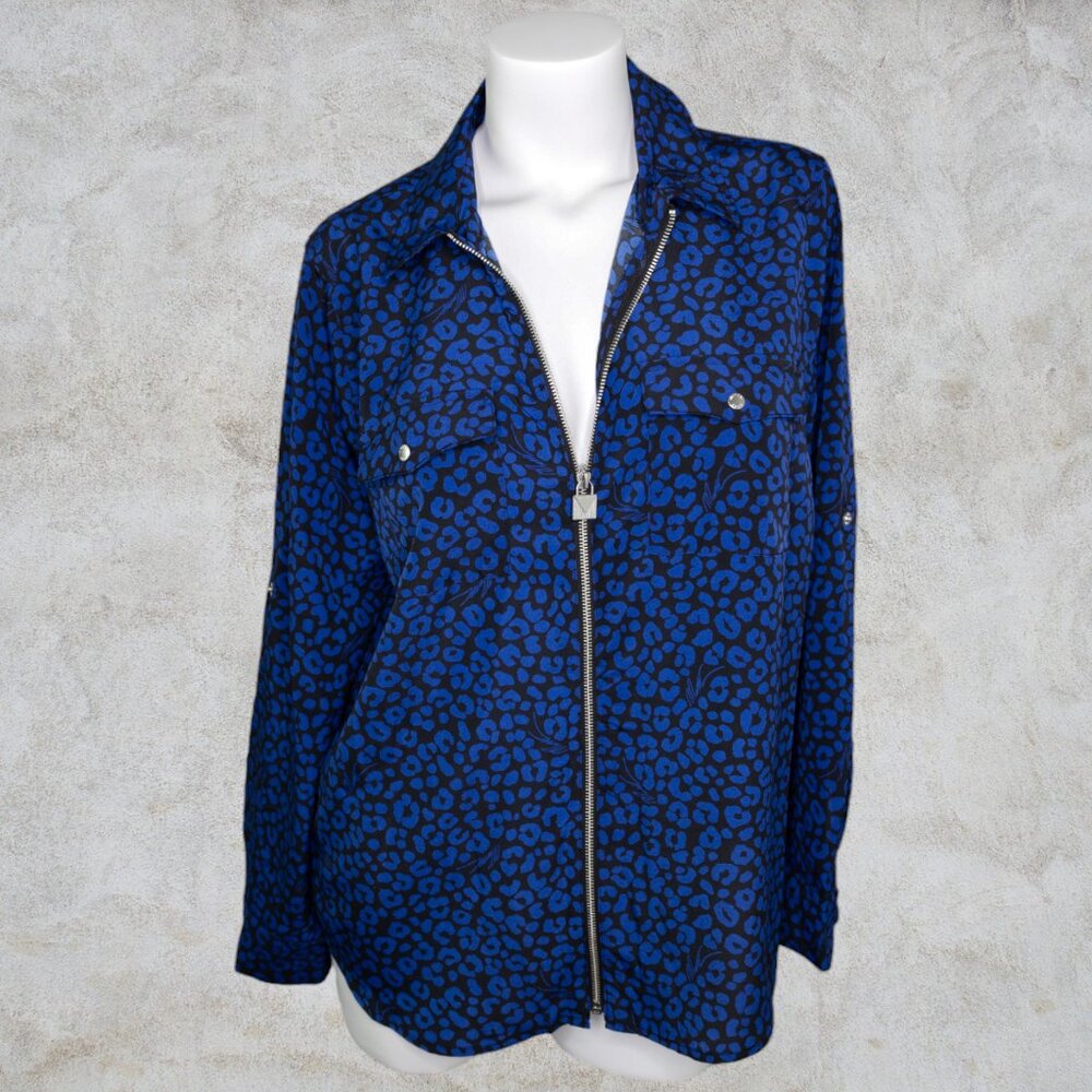 Michael Kors Black and Blue Leopard Print Zip Up Long Sleeve Snap Tab Sleeves